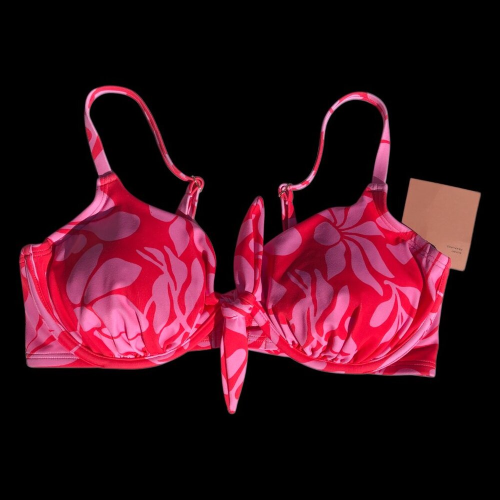 Women's Red Pink Floral Bikini Top Underwire Tie Front, 34DD